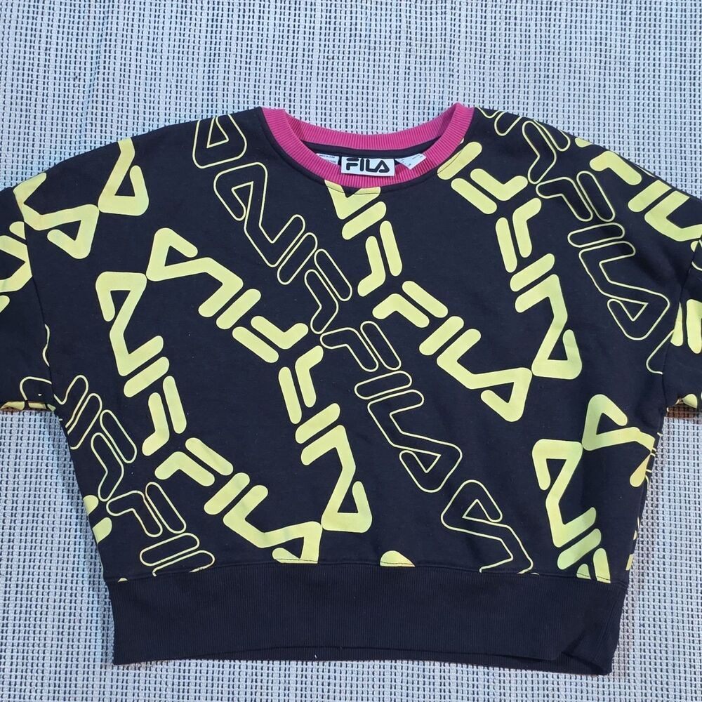 FILA Womens S Pullover Cropped Sweatshirt Long Sleeve Crew Neck Black Yellow - Picture 9 of 9